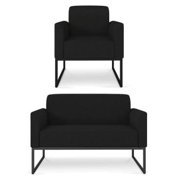 Imagem de Kit Namoradeira e 1 Poltrona Decorativa Base Industrial Preta Maressa 