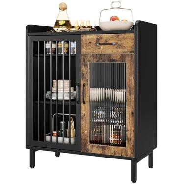 Imagem de GAOMON Aparador buffet moderno, armário de armazenamento de cozinha com prateleiras e portas de vidro, armário buffet de metal com gavetas, bar de café, armário de chão para sala de jantar, preto