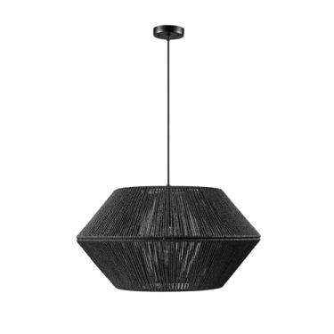 Imagem de GLOBE Lustre elétrico 65470 de 1 luz, sombra e dossel preto fosco, fio natural, cordão de pano, luzes suspensas modernas para ilha de cozinha, quarto ou sala de jantar, compatível com interruptor de