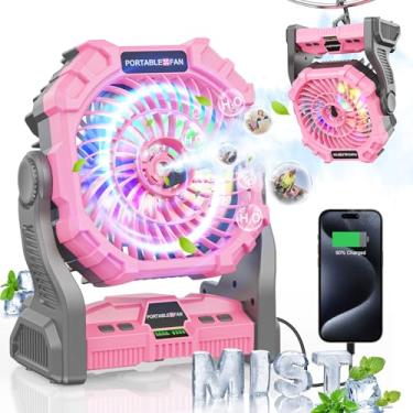 Imagem de Ventilador de nebulização portátil, ventilador operado por bateria recarregável de 12000 mAh com luz RGB, ventilador de acampamento de resfriamento pessoal para barracas com temporizador e gancho,