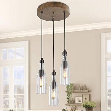 Imagem de LNC Luminária pendente de ilha de cozinha de madeira, lustre de fazenda com 3 garrafas de vidro transparentes para sala de jantar e estar, quarto, saguão e entrada (cobertura redonda)