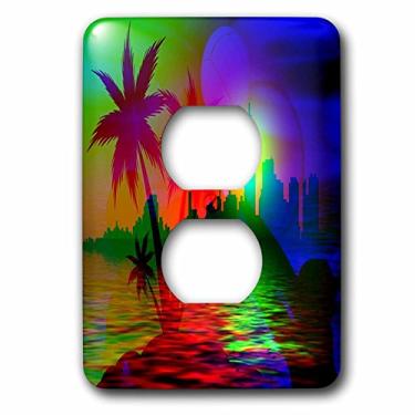 Imagem de 3dRose lsp_204341_6" Impressão de lindas palmas e paisagem aquática em neon 2 plugues tomada tampa