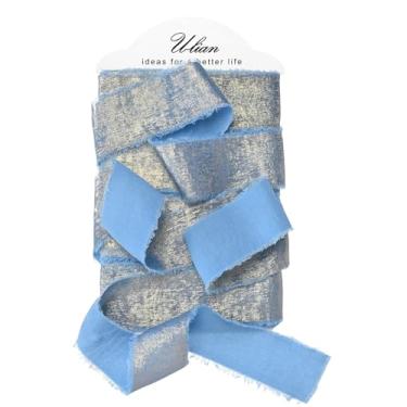 Imagem de U-LIAN Fita de chiffon azul metálica 3,5 cm x 40,8 m de chiffon de seda dourada brilhante fitas desgastadas artesanais para convites de casamento, buquês de noiva, embrulhos de presentes, artesanato