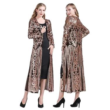 Imagem de Z&X Cardigã feminino com lantejoulas brilhantes dos anos 20 e frente aberta solta manga comprida para festa à noite, 05 Preto, XXG