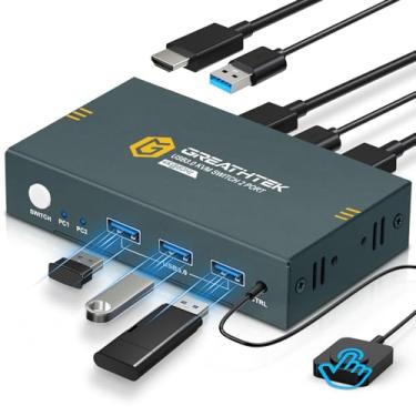 Imagem de GREATHTEK Usb3.0 Kvm Switch 2 Portas Hdmi, 4K @ 60Hz Kvm Switch 1 Monitores 2 Computadores com 3 Portas Usb3.0, Hdmi Kvm Switches para 2 Unidades Compartilham 1 Monitores e Dispositivos Usb, Interrupt