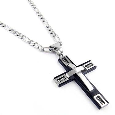 Imagem de Colar masculino de 61 cm de aço inoxidável 5 mm com pingente de cruz (cor preta e prata), Aço inoxidável, Sem Pedra Preciosa