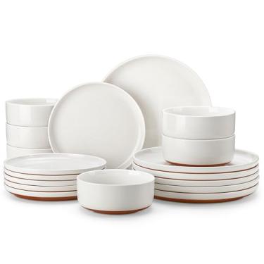 Imagem de MALACASA Conjunto de pratos e tigelas, conjunto de 18 peças de louça de cerâmica moderno para 6 conjuntos de jantar de cozinha, conjunto de pratos de grés, louça, seguro para micro-ondas e