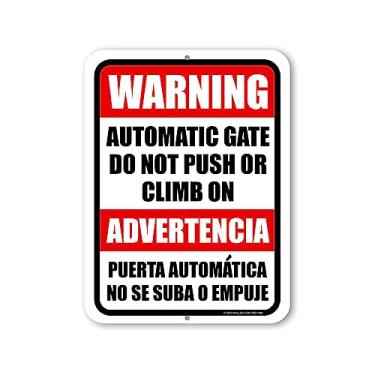 Imagem de Honey Dew Gifts, Porta automática, não empurre ou suba no portão, 23 cm por 30 cm, feita nos EUA, placas bilíngues espanhol espanhol inglês, espanhol, decoração de metal, placa de metal de segurança,