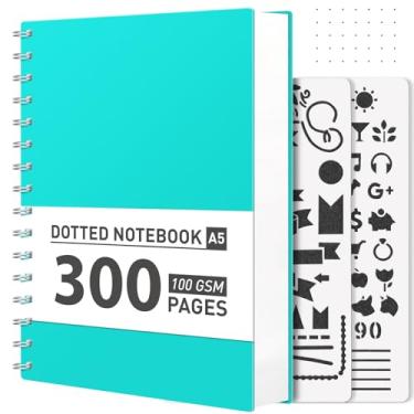 Imagem de AHGXG Caderno espiral com pontilhado de bala, caderno com 300 páginas pontilhado de 300 páginas, caderno de grade de pontos A5, papel grosso de 100 GSM, capa dura de plástico, com estêncil de diário, 14,5 cm x 21 cm, azul lago