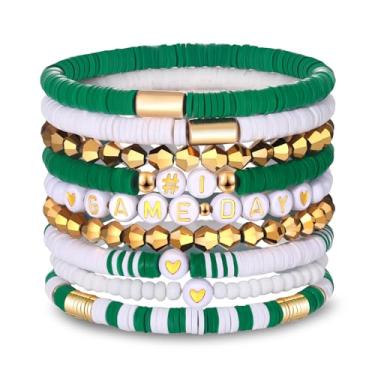 Imagem de VOGUEKNOCK Pacote com 9 pulseiras femininas empilháveis Heishi com contas elásticas para fãs de futebol americano, esportes, jogos, equipes, joias, acessórios, presentes, one size, Vinil, Sem Pedra