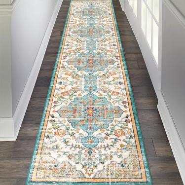 Imagem de Tapete passadeira para hall de entrada Pauwer 0,6 x 3 m, lavável, antiderrapante, boêmio, casa de fazenda, vintage, para cozinha, entrada, lavanderia, quarto, banheiro, azul, multicor