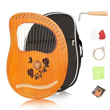 Imagem de Cuecutie Lyre Harp 19 cordas de madeira harpa rosa portátil de mogno sólido instrumento com cordas de saco preto para carregar pano, chave de afinação (rosa)