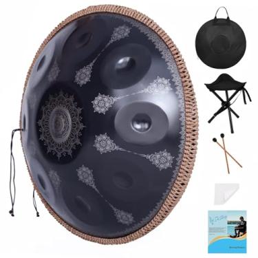 Imagem de Handpan clássico com 10 notas, impressão preta, conjunto de tambor de aço premium de 432 Hz, 56 cm, ré menor, instrumento musical para adultos
