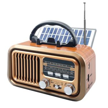 Imagem de Paeiope Rádio retrô vintage portátil AM FM com excelente recepção, rádio transistor de ondas curtas recarregável, bateria D ou energia solar, alto-falante de música compatível com cartão Mirco SD/TF