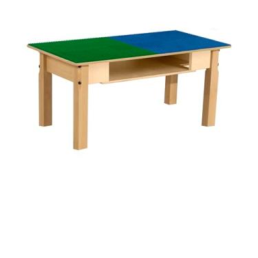 Imagem de Time-2-Play Mesa infantil compatível com Lego Montessori azul e verde com prateleira para sala de jogos, mesa retangular de 78 cm L para crianças [pernas longas de 35,5 cm]