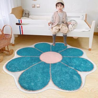 Imagem de Poowe Tapete de área em forma de flor azul petróleo, lindo tapete redondo para quarto, sala de estar, tapete circular fofo lavável para quarto de crianças, tapete antiderrapante para entrada - 100 cm