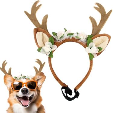 Imagem de Faixa de cabeça ajustável para cães, gatos, orelhas de rena, chifres e flores da floresta, chapéu de alce, cabelo de cervo, cosplay, acessórios para Halloween, Feliz Natal (M(para cães pequenos e
