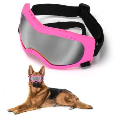 Imagem de Óculos de sol para cães, óculos para animais de estimação, com alça ajustável, óculos de natação e patinação à prova de UV à prova de vento e poeira (armação rosa + lente cinza)