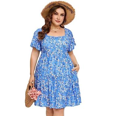 Imagem de Vestido plus size feminino plus size floral decote V manga curta comprimento até o joelho mini vestidos evasê, Flor branca azul, XGG