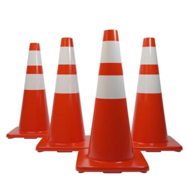 Imagem de Yellow Safety Cone de Trânsito Laranja de 4Ct, 28" com Fita Reflexiva - Cone de Segurança de Alta Visibilidade para Construção, Estacionamento e Eventos