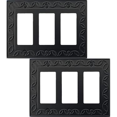 Imagem de OKAWYC Capa decorativa tripla para interruptor de luz NovaBloom, placa de parede de metal, pacote com 2, preto, 3 gangs, balancim triplo, tampa de interruptor regulador, tomada GFCI, placa de parede