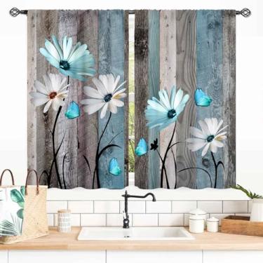 Imagem de Cortinas de margarida rústica, flor de madeira rústica, retrô, azul-petróleo, branco, floral, primavera, borboleta, rural, estilo rural, estilo campestre, pequenas cortinas de janela curta para sala