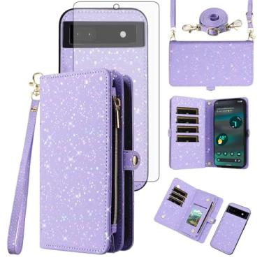 Imagem de Asuwish Capa de celular para Google Pixel 6A 5G 2022 com zíper carteira magnética destacável com protetor de tela de vidro temperado e suporte de cartão com glitter, acessórios para celular Pixel6A A6