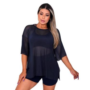 Imagem de Blusao Tule  Feminina Manga Curta Fitness Academia Azul Marinho - Suns