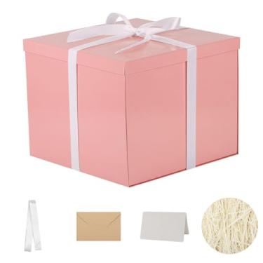 Imagem de Caixa de presente grande com tampa de 30 x 31 x 25 cm, caixa de presente rosa para presente embalagem para aniversários, Dia dos Namorados, Natal, aniversários (inclui enchimento de papel desfiado