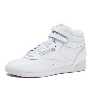Imagem de Reebok Tênis feminino Freestyle de cano alto, preto ou branco, basquete e tênis, Branco/Prata, 34