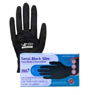 Imagem de Luva nitrilica preta descartável sem pó sensi black slim volk - VOLK D