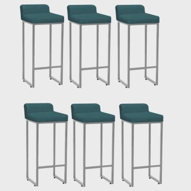 Imagem de Kit 06 Banqueta Alta Mia Com Encosto Cozinha Bistrô Bar Balcão Ferro Cinza Suede Azul Turquesa - Ahz Móveis