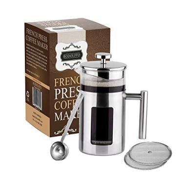 Imagem de Rodolffo Cafeteira French Press de 1000 ml com aço inoxidável 18/8 inclui copo de vidro borossilicato e coador de aço inoxidável. Cria sabor e pureza excepcionais. Desfrute do café perfeito
