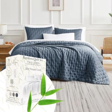 Imagem de Southshore Fine Living, Inc. Conjunto de cama casal/queen com 2 fronhas acolchoadas, rayon derivado de bambu, colcha premium de 300 fios, colcha queen size, azul aço