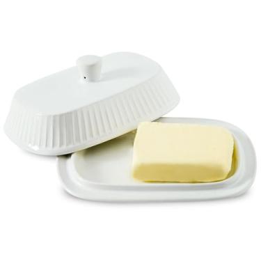 Imagem de Hasense Manteigueira De Porcelana Hansense Com Tampa Para Bancada, Recipiente Manteiga Cerâmica Alça, Perfeito Da Costa Leste E Oeste, Lavável Na Máquina Lavar Louça, Branco
