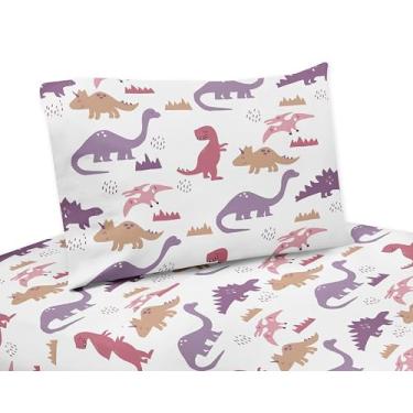 Imagem de Sweet Jojo Designs Jogo de lençol solteiro de 3 peças (dinossauro rosa e roxo) para meninas, crianças, roupa de cama incl. lençol de cima e fronha de solteiro (laranja, dinossauro moderno, tema de