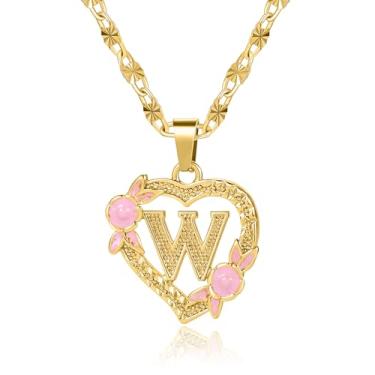 Imagem de Qitian Colar com inicial de coração para mulheres, coração, letra dourada, nome A-Z, nome alfabeto, pingente colar para presente de menina, Ouro, Sem Pedra Preciosa