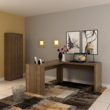 Imagem de Conjunto Home Office 2 Peças 1 Mesa Para Escritório Em L Com 1 Armário Espresso Móveis Nogal