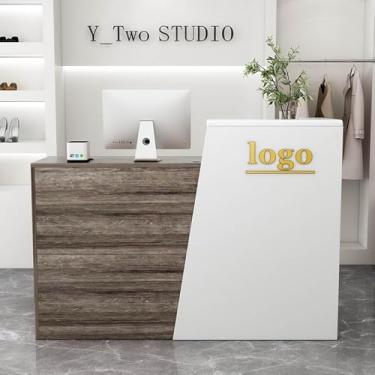 Imagem de Sala de recepção em forma de L, moderna balcão de check-out de varejo moderno com gaveta e armário de armazenamento, estação de trabalho para computadores para o escritório do lobby de salão