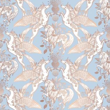 Imagem de ReWallpaper Papel de parede floral azul de 17,5 pol. × 23 pés Descasque e cole papel de parede de cavalo branco para quarto removível