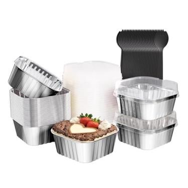 Imagem de Ksmxos Pacote com 25 mini formas de bolo quadradas com tampas, mini formas de pão com tampas, copos de folha de alumínio, copos descartáveis de cupcake, copos de sobremesa para piqueniques de festa de