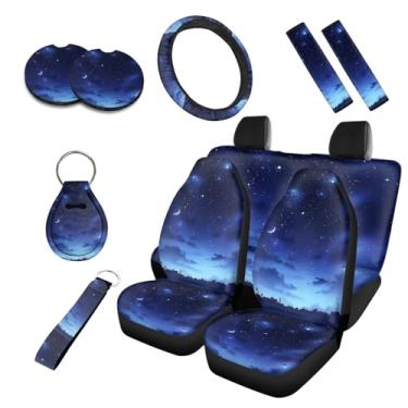 Imagem de Uskorhein Pacote com 10 capas de assento de carro noturnas estreladas, bancos dianteiros da lua estrela, poliéster, gradiente azul marinho, capas interiores universais de carros para sedãs, SUVs