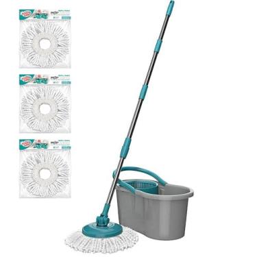Imagem de Esfregão Mop Fit Giratório 3 Refis Microfibra Inteligente e Balde 8 Litros Cabo Inox