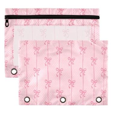 Imagem de Bolsa de fichário rosa com laço com 3 anéis para meninos e meninas, material escolar, escritório, faculdade, bolsa com laço fofo, bolsa para lápis com janela transparente e zíper, pacote com 2