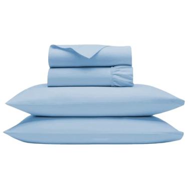 Imagem de Jogo de cama de casal Bluemoon Homes, 100% algodão egípcio certificado, lençóis para colchão alto de 45,7 cm, cetineta macia, 4 peças, roupa de cama fresca, azul-celeste