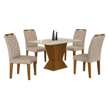 Imagem de Mesa De Jantar Larissa 120x80 Freijó Off White Com 4 Cadeiras Mdf Freijó Linho Palha - Leifer Móveis