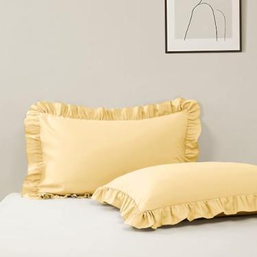 Imagem de Pacote com 2 fronhas king size, 51 cm x 91 cm de microfibra com babados dourados, fronhas com babados macios, respiráveis e não encolhíveis
