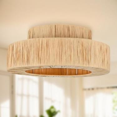 Imagem de Maxax Linda Luminária De Teto Embutida Em Rattan, Lustre Rústico De Teto Estilo Boho De 18", Luminária Moderna Para Berçário Com Abajur De Camada Dupla Para Quarto, Entrada, Corredor, Sala De Estar,