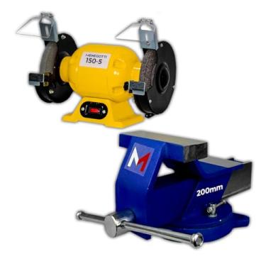 Imagem de Menegotti Morsa Nº8 Sem Mordente + Motoesmeril - 150W 5" com Base Giratória Reforçada | para Bancada de Aço, Oficina e Afiar Ferramentas Semiprofissional e Profissional Kit