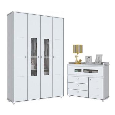 Imagem de Jogo De Quarto Com Roupeiro E Cômoda Aquarela - Branco - Móveis Henn Branco